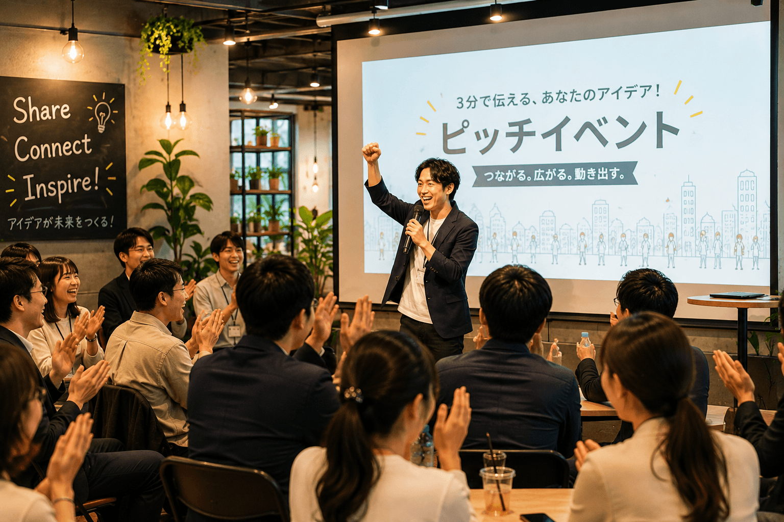 ピッチイベントの会場。登壇者がマイクを持って話し、参加者が拍手で応援する様子