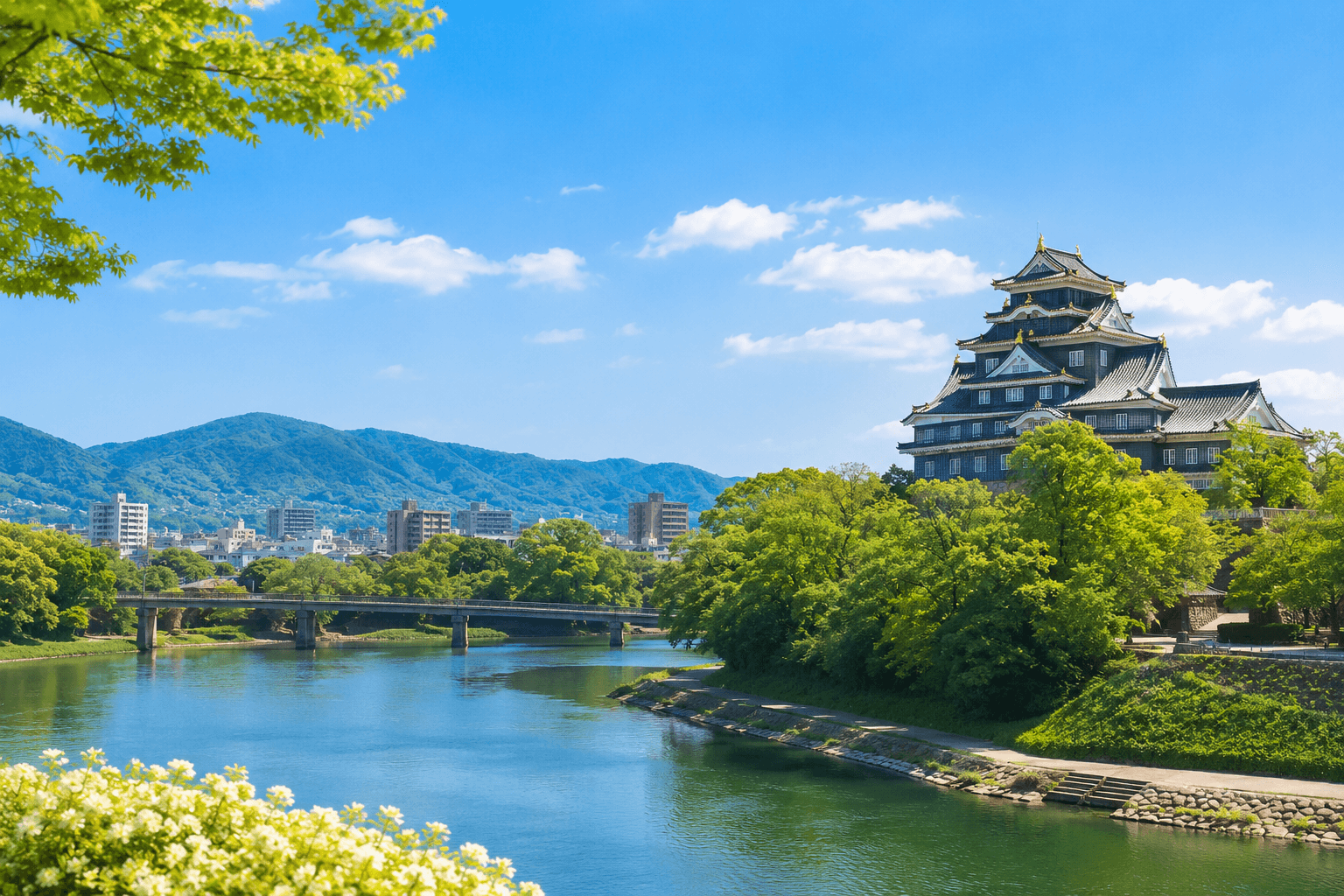 旭川と岡山城、晴れの国岡山の風景